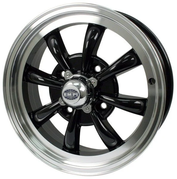 15" X 5-1/2" Vw Bug 4 Lug Black Empi 8 Spoke Wheel Includes Cap-Valve Stem