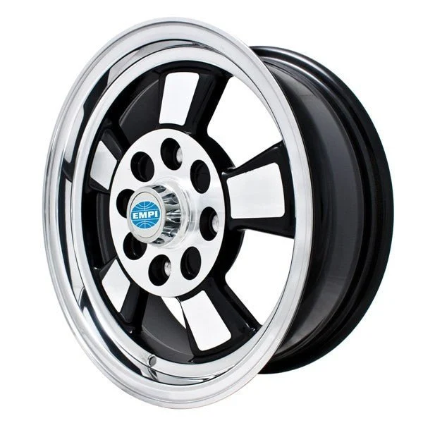 15" X 5-1/2" Vw Bug 4 Lug Black/Polished Empi Riviera Wheel With Cap-Valve Stem