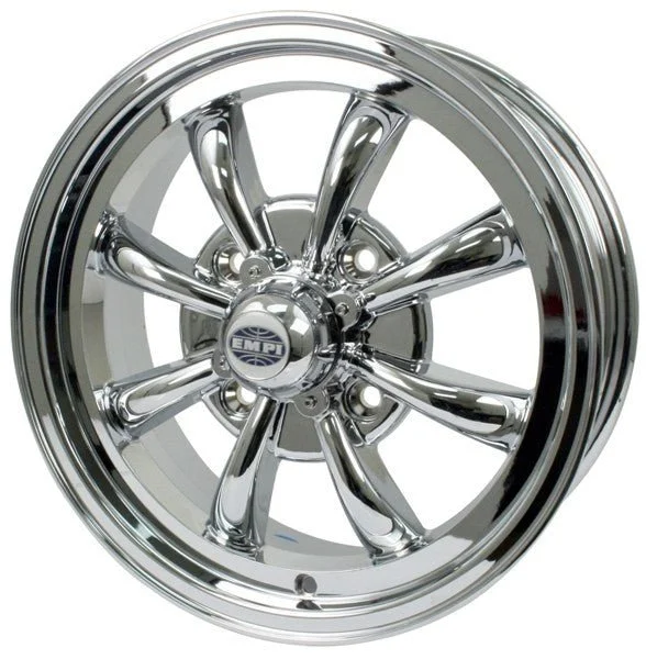15" X 5-1/2" Vw Bug 4 Lug Chrome Empi 8 Spoke Wheel Includes Cap-Valve Stem