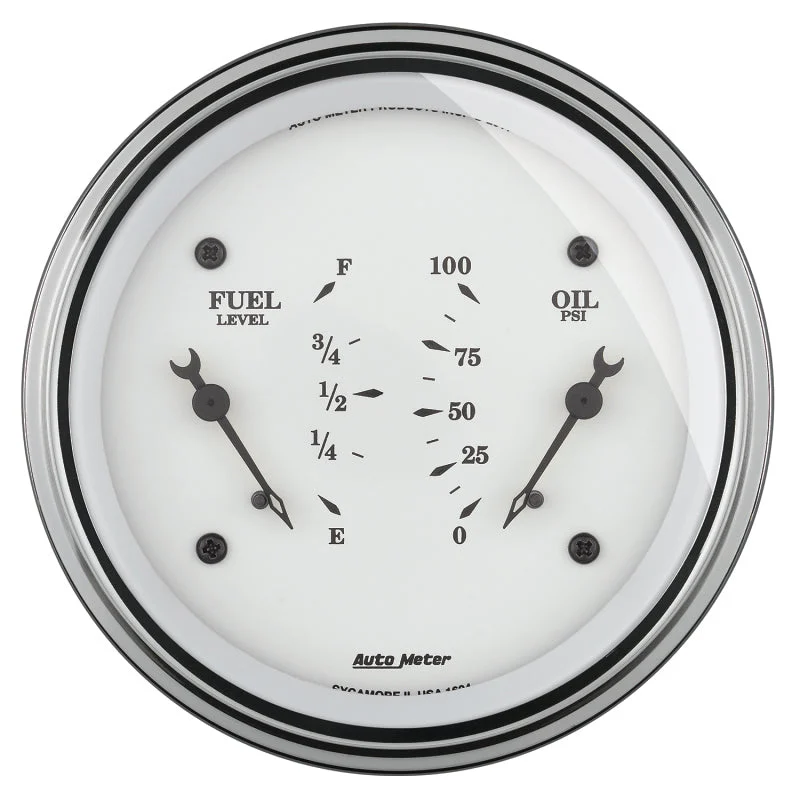 AutoMeter Gauge Dual Fuel & Oilp 3-3/8in. 0 Ohm(e) to 90 Ohm(f)& 100PSI Elec Old Tyme White