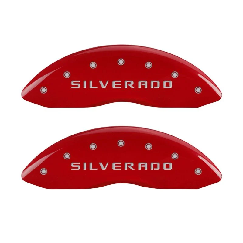 MGP 4 Caliper Covers Engraved Front & Rear Silverado Red finish silver ch