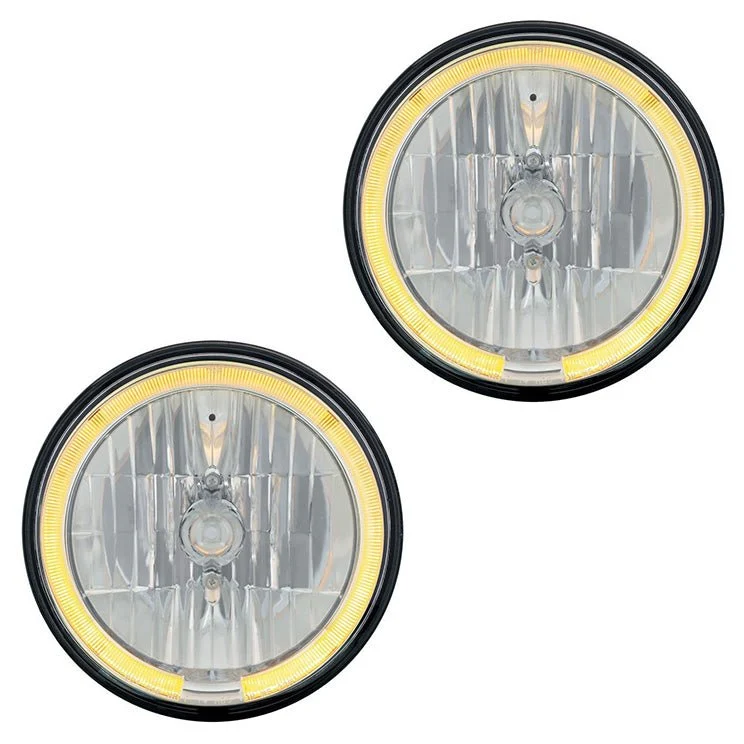 7" Crystal Headlight W/Amber LED Halo Ring, 9007 Bulb & H4 Adapter, Pair