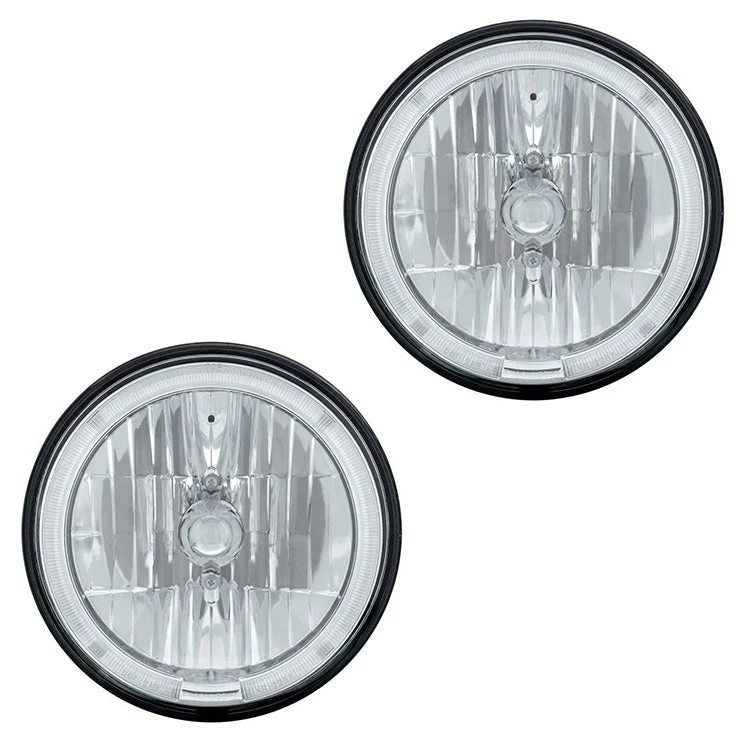 7" Crystal Headlight W/White LED Halo Ring, 9007 Bulb & H4 Adapter, Pair