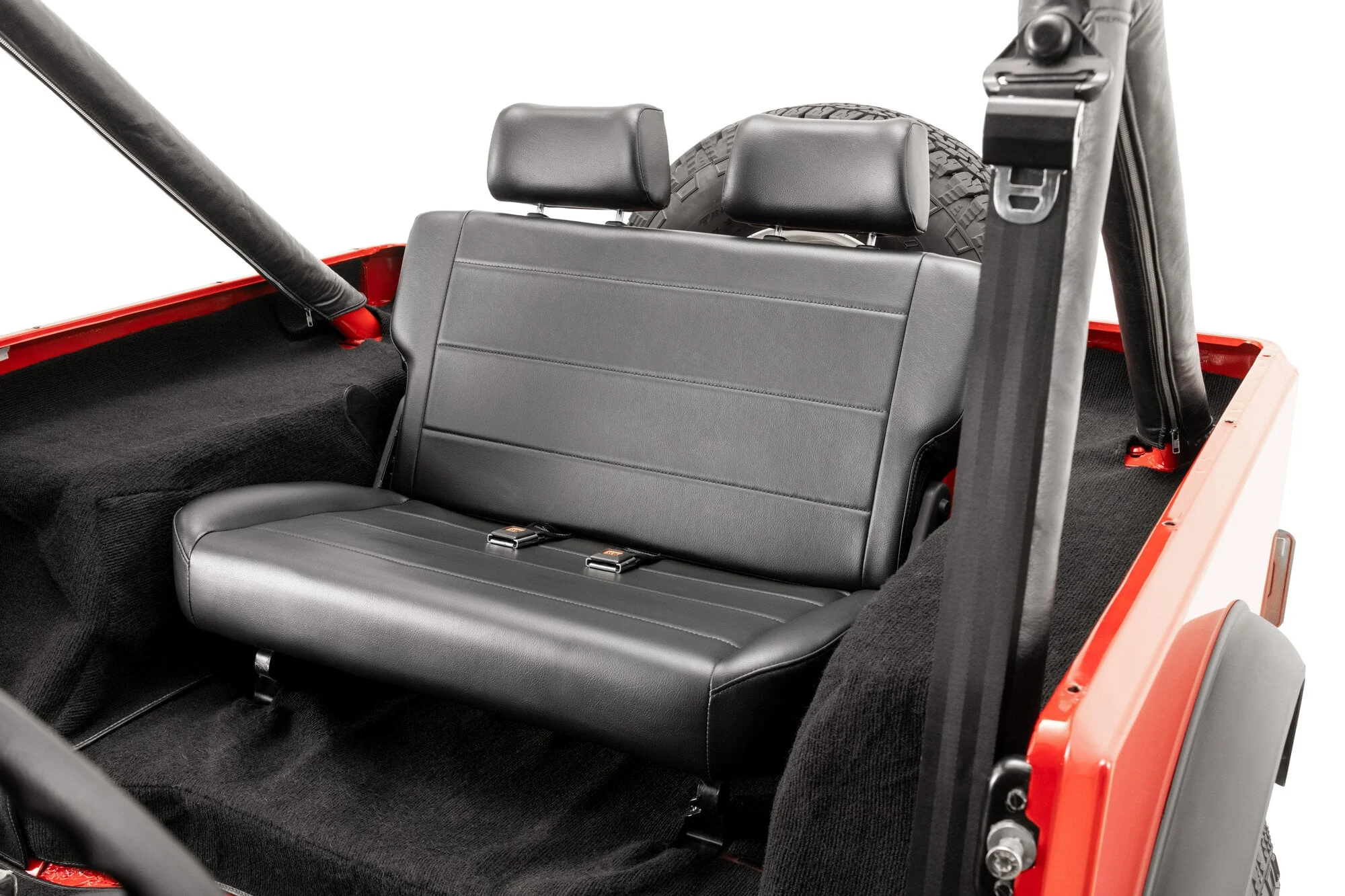 Quadratec  Heritage Fold & Tumble Rear Bench Seat for 55-95 Jeep CJ & Wrangler YJ in Black for 55-95 Jeep CJ & Wrangler YJ
