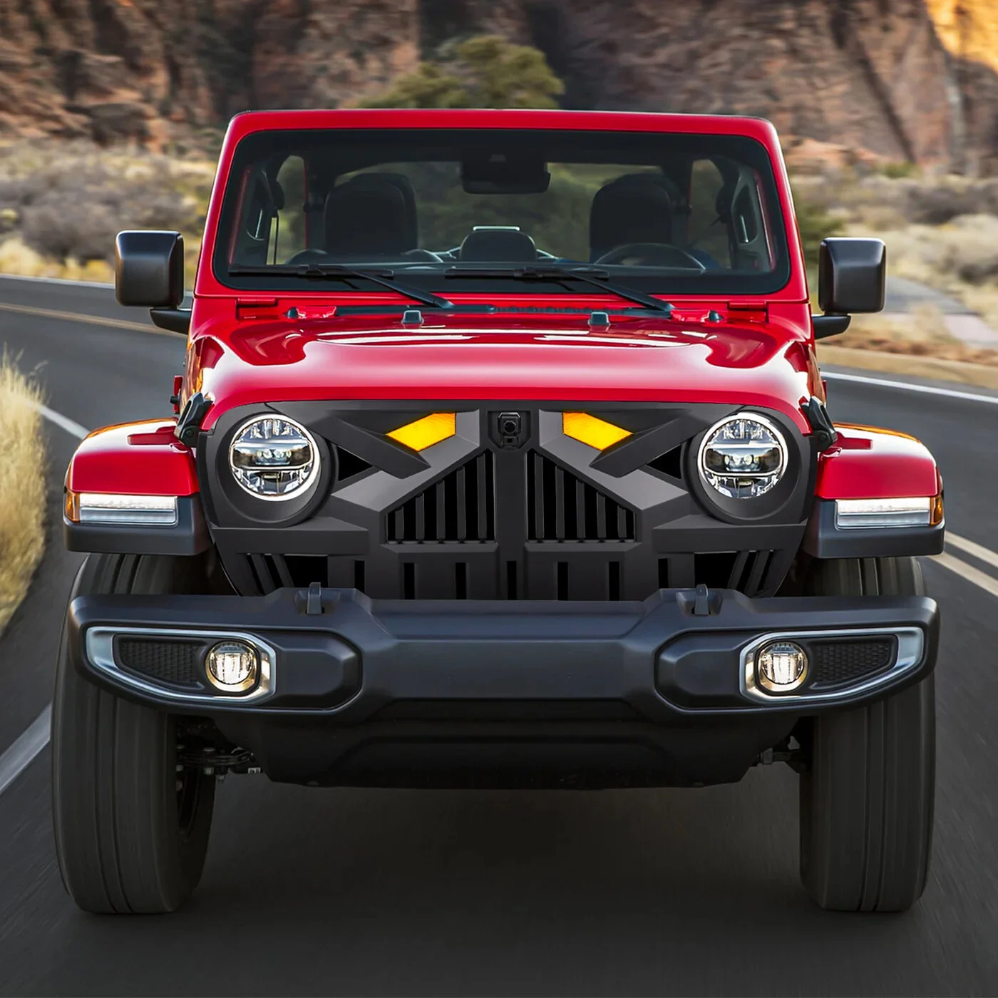 American Modified  Empire Grille with LED Amber Lights for 07-26 Jeep Wrangler JK, JL, & Gladiator JT - in Matte Black W/ Camera Bracket For 18-26 Jeep Wrangler JL & Gladiator JT