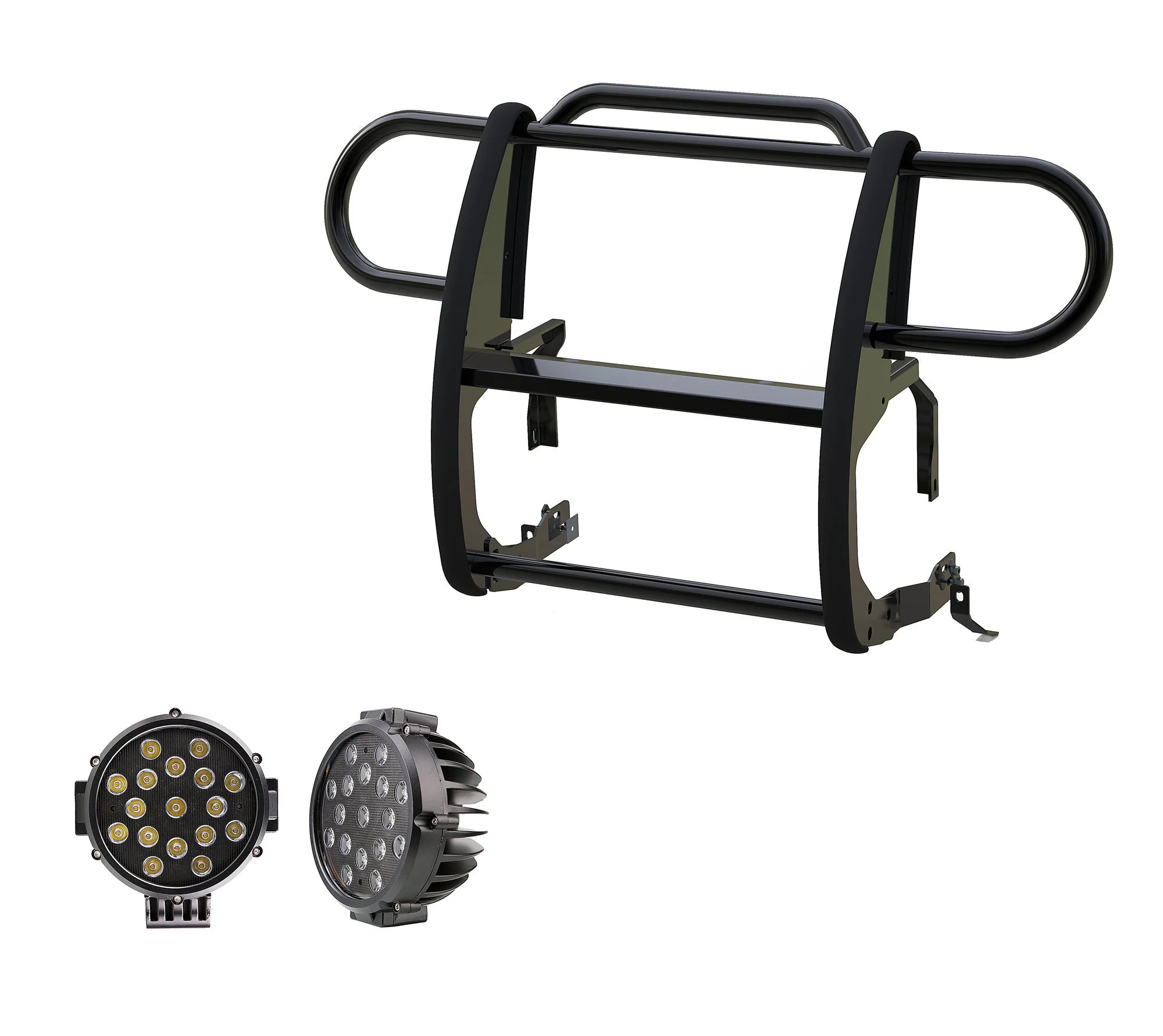Black Horse Off Road  Grille Guard with Set of 7" Round LED Lights for 18-24 Jeep Wrangler JL & Gladiator JT