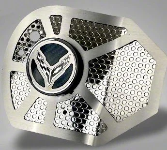 Shock Tower Cover Inserts with C8 Emblem; Perforated Stainless Steel with Carbon Fiber Top Plate (20-26 Corvette C8 Coupe)