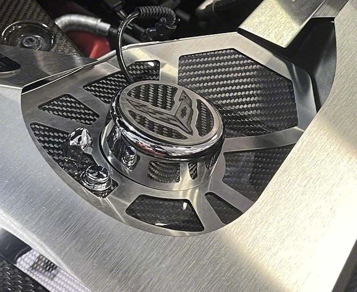 Shock Tower Covers with Insert Flag Emblem; Carbon Fiber (20-26 Corvette C8 Coupe)