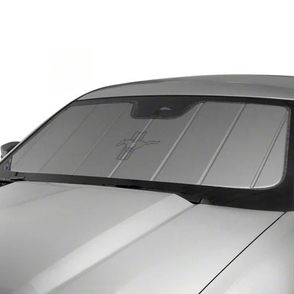 Covercraft UVS100 Heat Shield Custom Sunscreen with Black Mustang Tri-Bar Logo; Silver (15-23 Mustang w/ Mirror Camera)