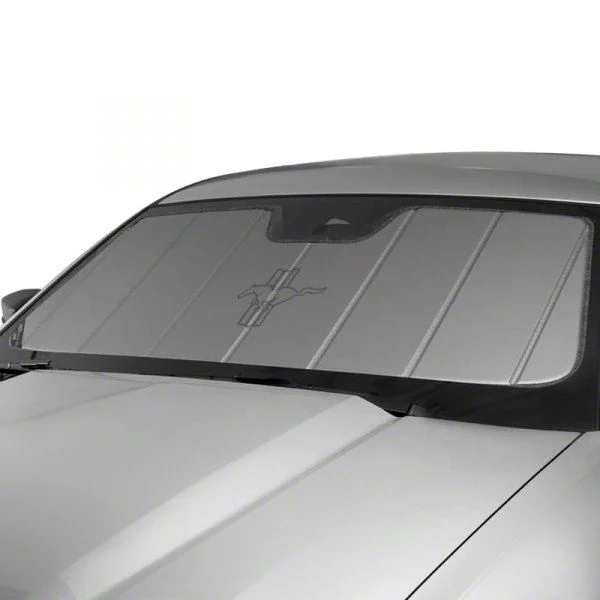 Covercraft UVS100 Heat Shield Custom Sunscreen with Black Mustang Tri-Bar Logo; Silver (13-14 Mustang)