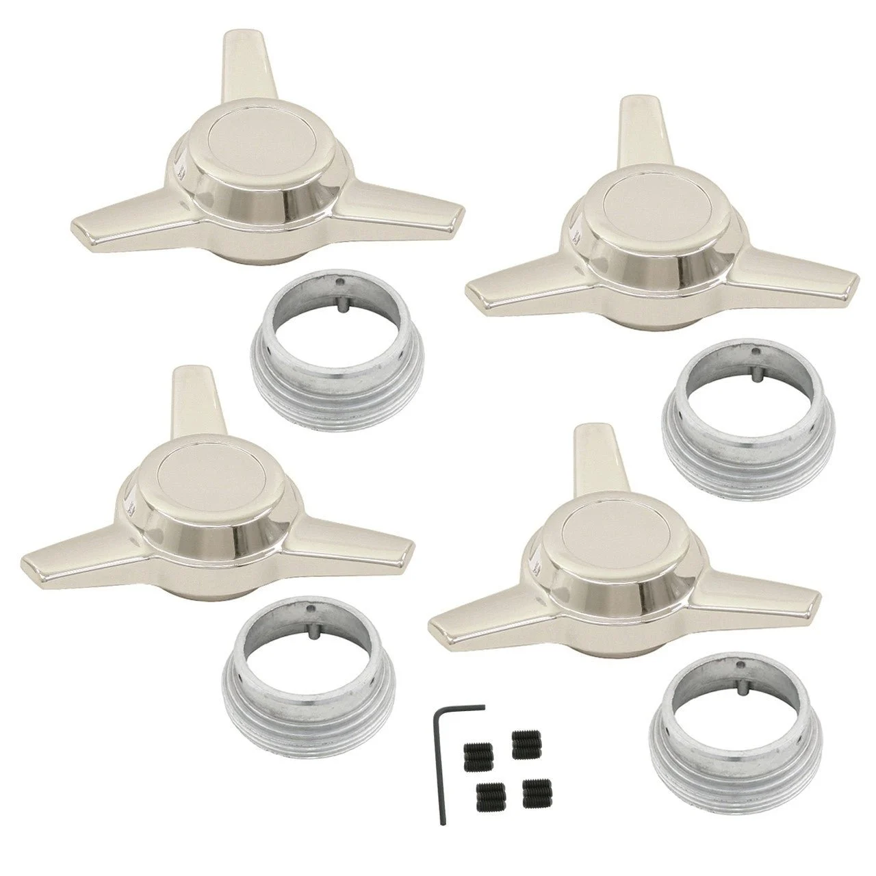 Empi 9621 Chrome Wheel Center Knock-Offs / 3 Spoke Spinners, Set Of 4