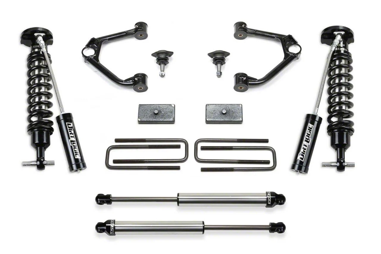 Fabtech 3-Inch Ball Joint Upper Control Arm Lift Kit with Dirt Logic Reservoir Coil-Overs and Dirt Logic Shocks (22-24 2.7L Silverado 1500 Double Cab, Crew Cab, Excluding Trail Boss)
