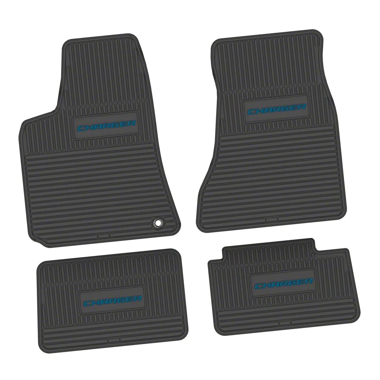 Factory Floorpan Fit Custom Vintage Scene Front and Rear Floor Mats with Dark Blue Charger Insert; Black (06-10 RWD Charger)