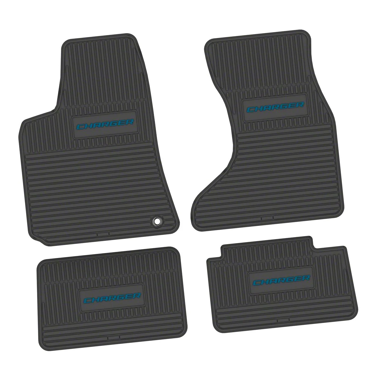 Factory Floorpan Fit Custom Vintage Scene Front and Rear Floor Mats with Dark Blue Charger Insert; Black (07-10 AWD Charger)