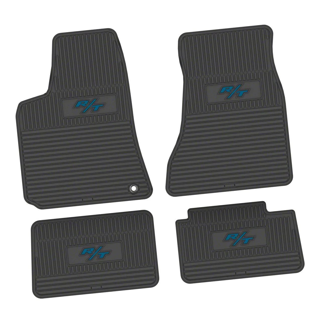 Factory Floorpan Fit Custom Vintage Scene Front and Rear Floor Mats with Dark Blue R/T Insert; Black (06-10 RWD Charger)