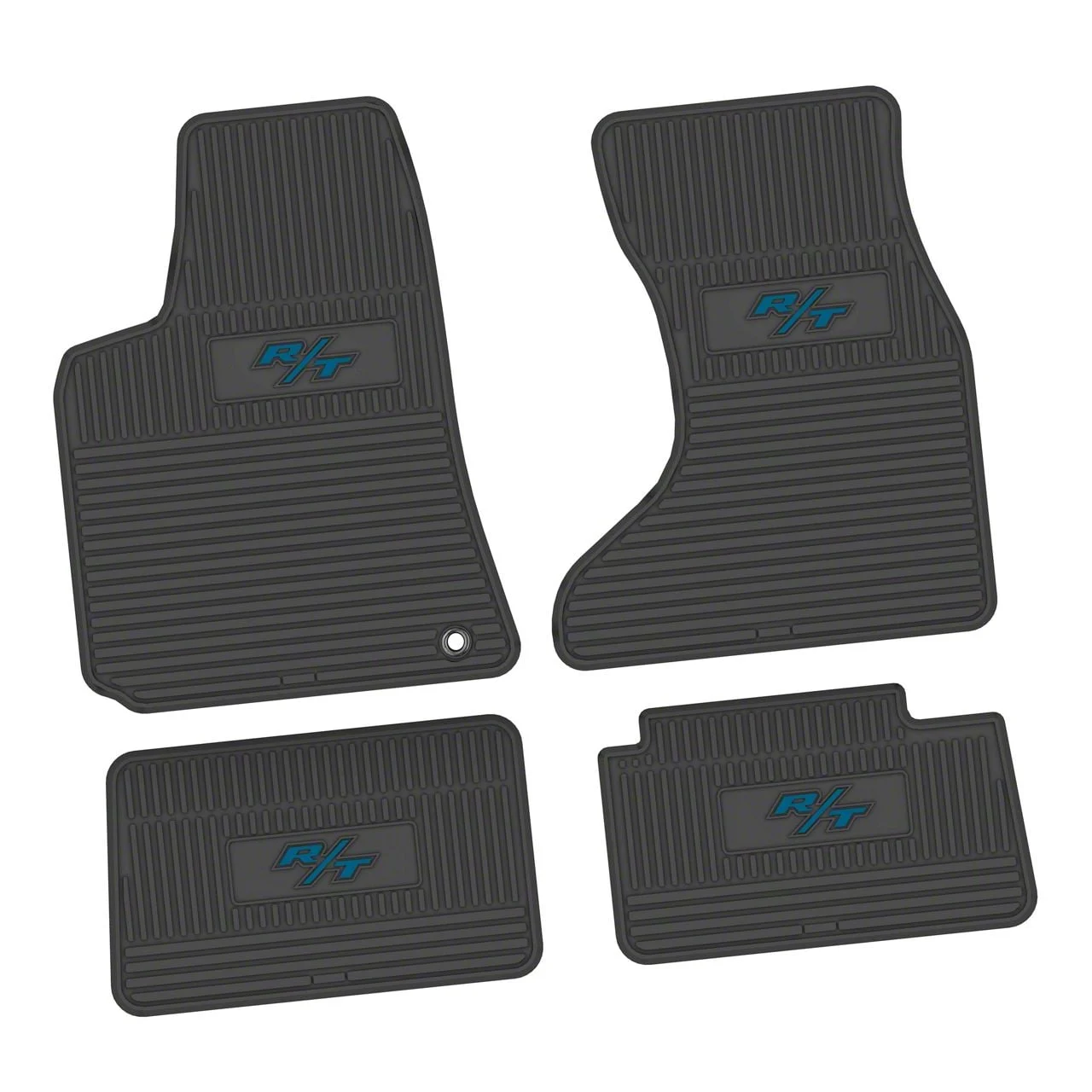 Factory Floorpan Fit Custom Vintage Scene Front and Rear Floor Mats with Dark Blue R/T Insert; Black (07-10 AWD Charger)