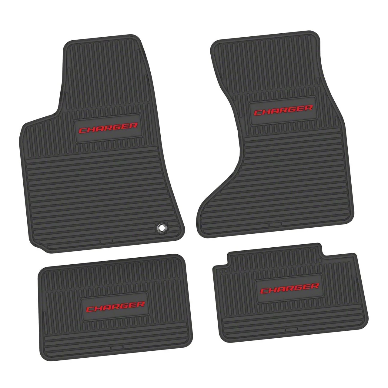 Factory Floorpan Fit Custom Vintage Scene Front and Rear Floor Mats with Red Charger Insert; Black (07-10 AWD Charger)