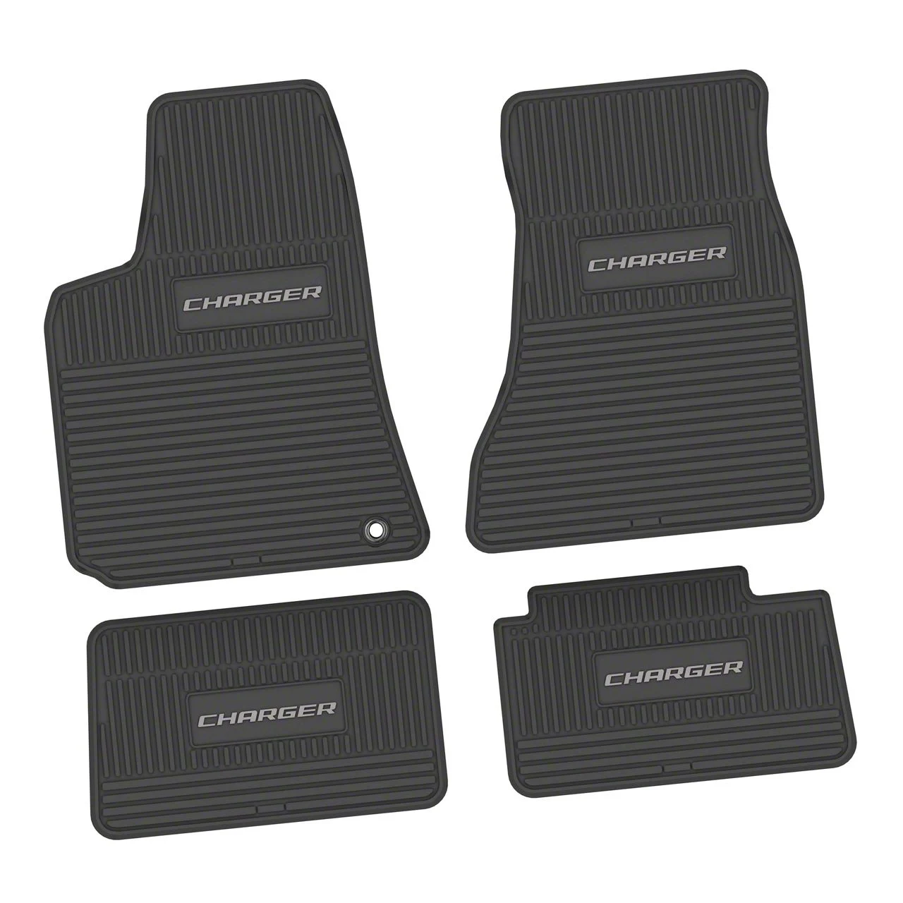 Factory Floorpan Fit Custom Vintage Scene Front and Rear Floor Mats with Silver Charger Insert; Black (06-10 RWD Charger)