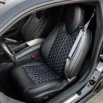 Kustom Interior Premium Artificial Leather Front and Rear Seat Covers; All Black with White Stitching Honeycomb Accent (10-15 Camaro Coupe w/o 1LE Competition Seat)