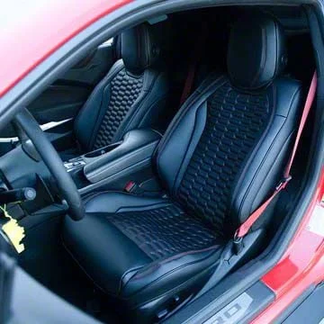 Kustom Interior Premium Artificial Leather Front and Rear Seat Covers - Black with Double Hex Red Stitching Accent (16-24 Camaro Coupe w/ RECARO Seats)