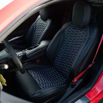 Kustom Interior Premium Artificial Leather Front and Rear Seat Covers - Black with Double Hex White Stitching Accent (16-24 Camaro Coupe w/ RECARO Seats)