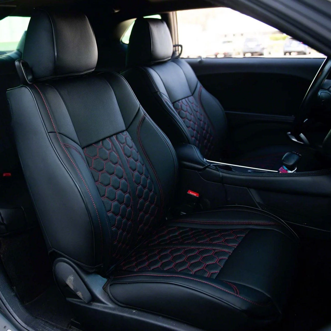 Kustom Interior Premium Artificial Leather Front and Rear Seat Covers; All Black with Red Stitching Honeycomb Accent (15-18 Challenger R/T w/ Sport Seats; 15-23 Challenger SXT w/ Sport Seats)