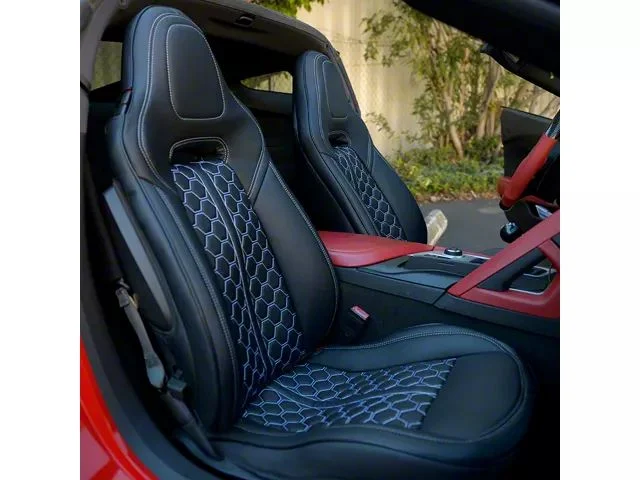 Kustom Interior Premium Artificial Leather Front and Rear Seat Covers; All Black with White Stitching Honeycomb Accent (14-19 Corvette C7 w/o Competition Seat)
