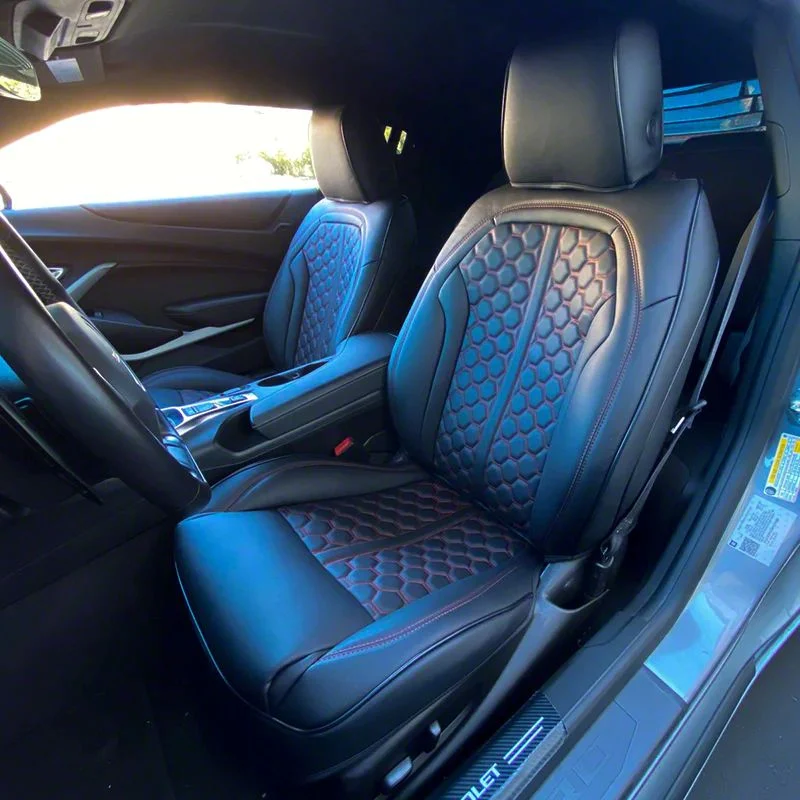 Kustom Interior Premium Artificial Leather Front and Rear Seat Covers; All Black with Honeycomb Accent (16-24 Camaro Convertible)