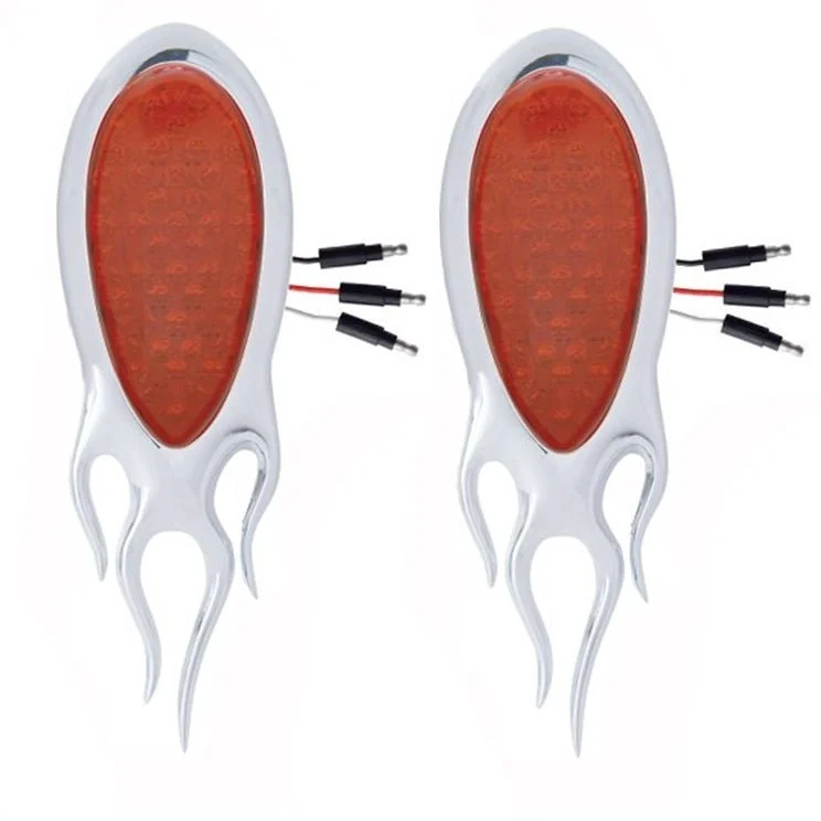 LED Ford Teardrop Tail Lights Red Lens Chrome Flame Bezel, Pair