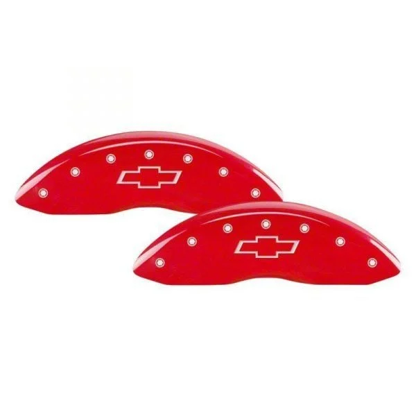 MGP Brake Caliper Covers with Bowtie Logo; Red; Front and Rear (20-26 Silverado 3500 HD SRW)