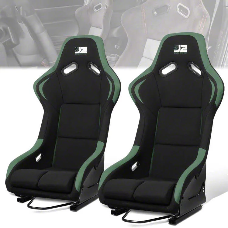 Fabric Racing Bucket Seats with Seat Sliders; Black/Green (Universal; Some Adaptation May Be Required)