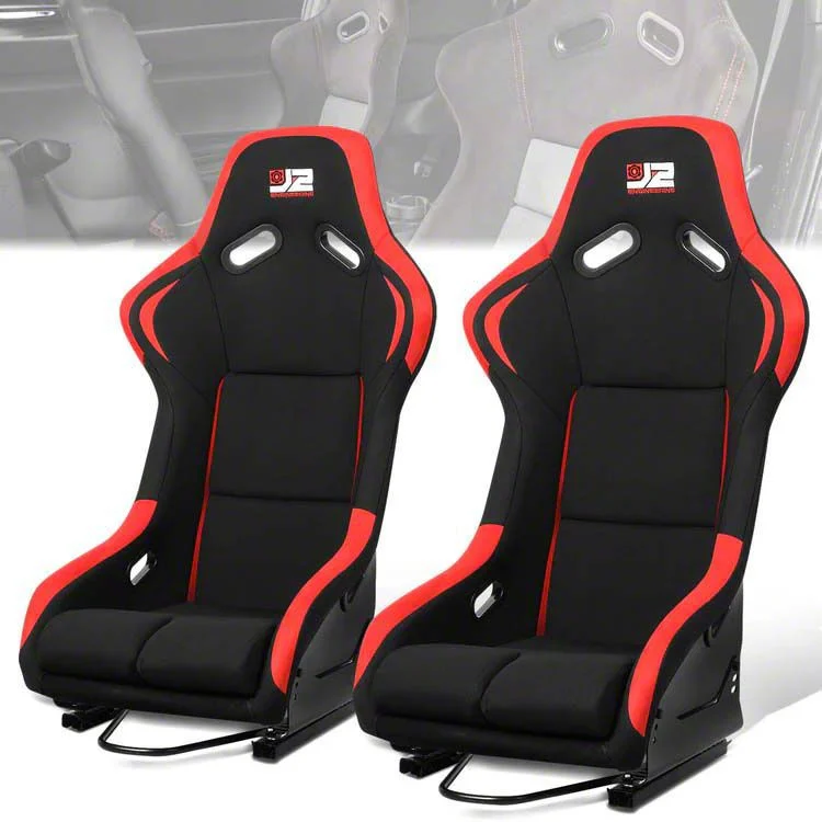 Fabric Racing Bucket Seats with Seat Sliders; Black/Red (Universal; Some Adaptation May Be Required)