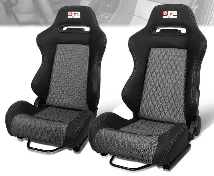 Microfiber Suede Racing Bucket Seats with Seat Sliders; Black/Grey (Universal; Some Adaptation May Be Required)