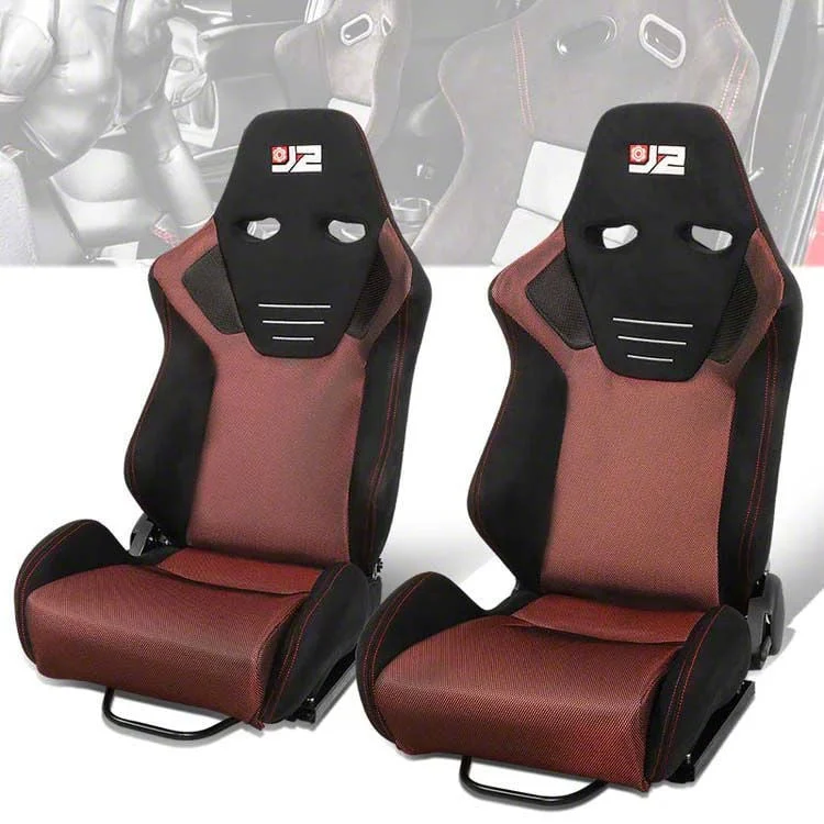 Microfiber Suede Racing Bucket Seats with Seat Sliders; Black/Red (Universal; Some Adaptation May Be Required)