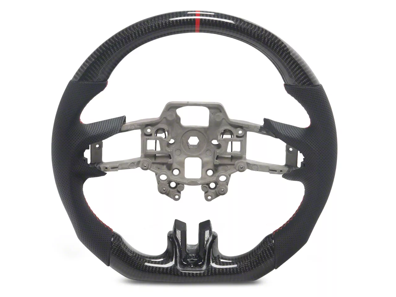 Perforated Leather Steering Wheel without Button Covers; Carbon Fiber with Red Stripe (18-23 Mustang w/o Heated Steering Wheel)