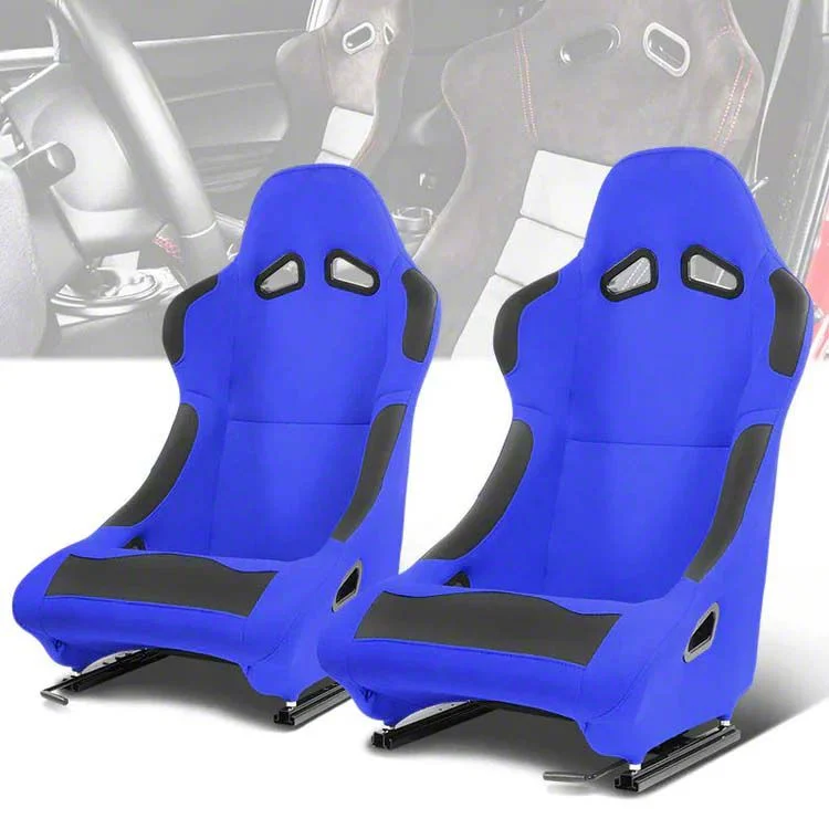 Woven Fabric Vinyl Bolsters Racing Bucket Seats with Seat Sliders; Blue (Universal; Some Adaptation May Be Required)