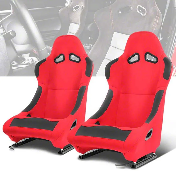 Woven Fabric Vinyl Bolsters Racing Bucket Seats with Seat Sliders; Red (Universal; Some Adaptation May Be Required)
