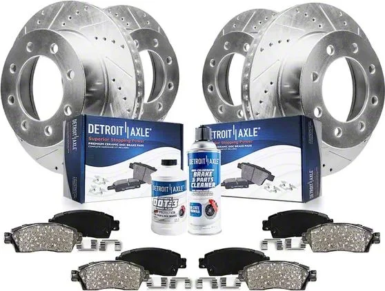 Drilled and Slotted 8-Lug Brake Rotor, Pad, Brake Fluid and Cleaner Kit; Front and Rear (2012 RAM 1500 Tradesman HD)