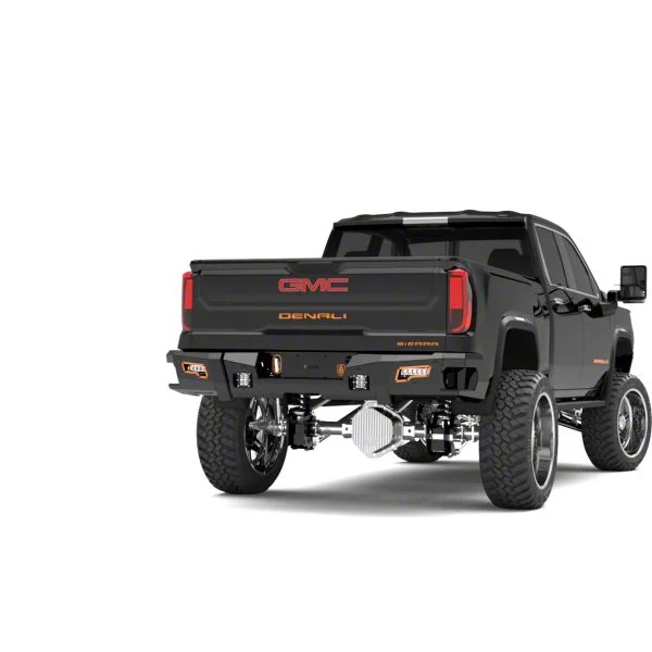 Road Armor iDentity Beauty Ring Rear Bumper with Non-Shackle End Pods, Dual Pod and Single Row Light Bar Pods; Raw Steel (20-26 Sierra 3500 HD)