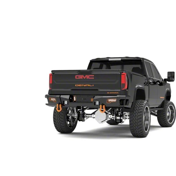 Road Armor iDentity Hyve Mesh Rear Bumper with Shackle End Pods, Dual Pod and Single Row Light Bar Pods; Raw Steel (20-26 Sierra 3500 HD)