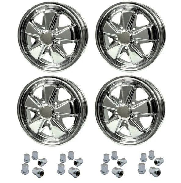 Set Of 4 15" X 5-1/2" Porsche 5 Lug Chrome Empi 911 Alloy Wheels & Lugs