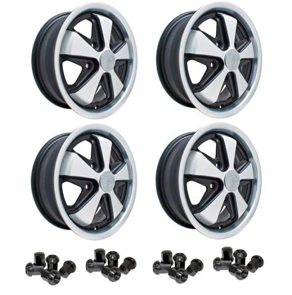 Set Of 4 15" X 5-1/2" Porsche 5 Lug Polished/Black Empi 911 Alloy Wheels/Lug