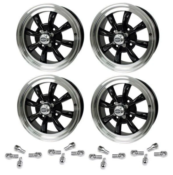 Set Of 4 15" X 5-1/2" Vw Bug 4 Lug Black Empi 8 Spoke Wheels & Lug Nuts