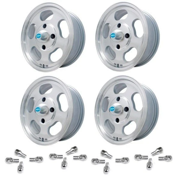 Set Of 4 15" X 5-1/2" Vw Bug 4 Lug Machine Finish Empi Dish Wheels & Lugs