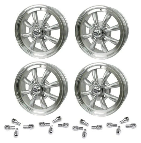 Set Of 4 15" X 5-1/2" Vw Bug 4 Lug Silver Empi 8 Spoke Wheels & Lug Nuts