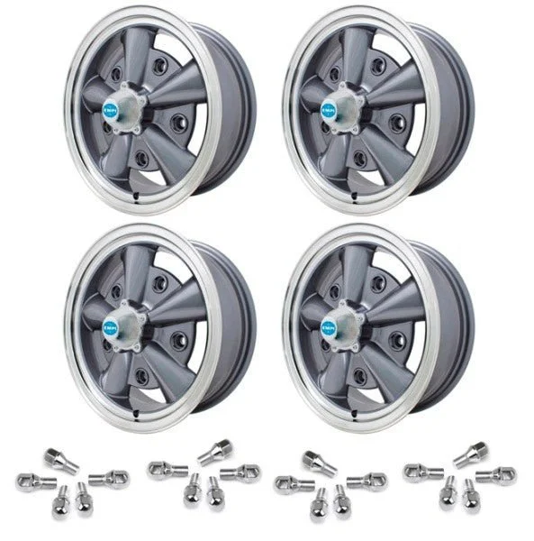 Set Of 4 15" X 5-1/2" Vw Bug 5 Lug Anthracite Empi 5-Rib Wheels & Lug Bolts
