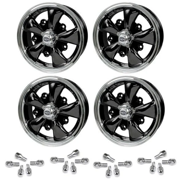 Set Of 4 15" X 5-1/2" Vw Bug 5 Lug Black Empi 5 Spoke Wheels & Lug Nuts