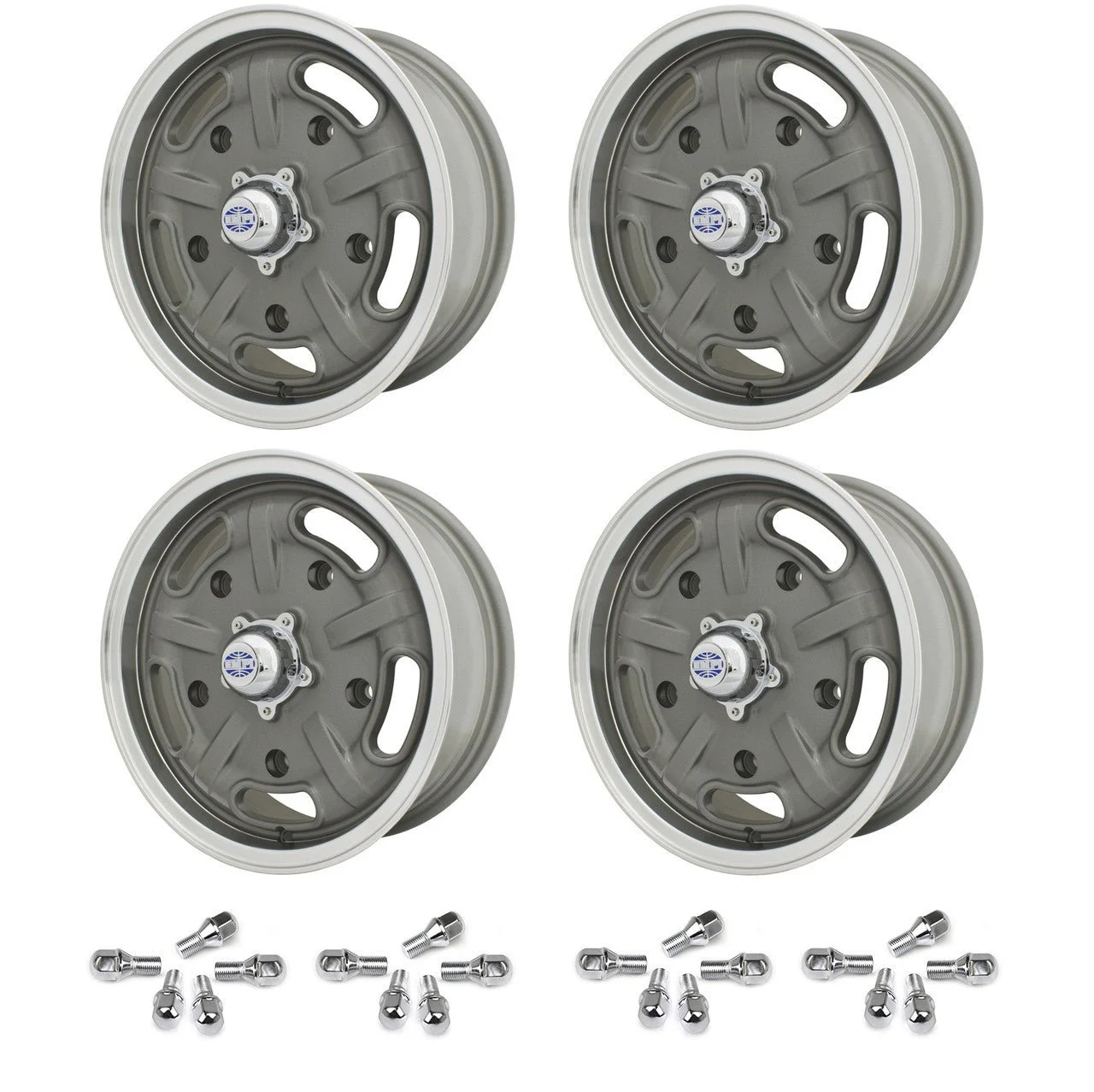 Set Of 4 15" X 5-1/2" Vw Bug 5 Lug Gun Metal Grey Empi Corsa Wheels & Lug Bolts