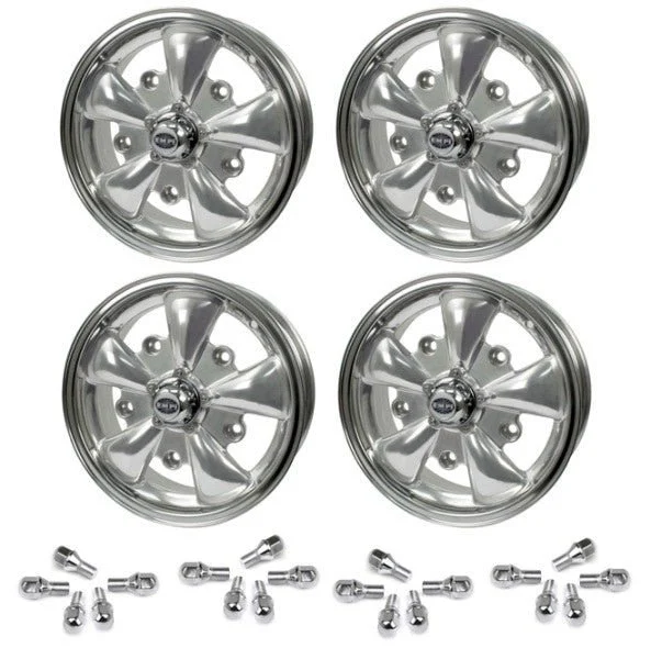 Set Of 4 15" X 5-1/2" Vw Bug 5 Lug Silver Empi 5 Spoke Wheels & Lug Nuts