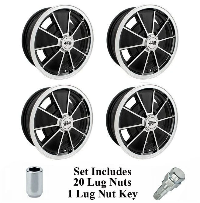 Set Of 4 15" X 5-1/2" Vw Bus 5 Lug Black Empi BRM Wheels & Lug Bolts